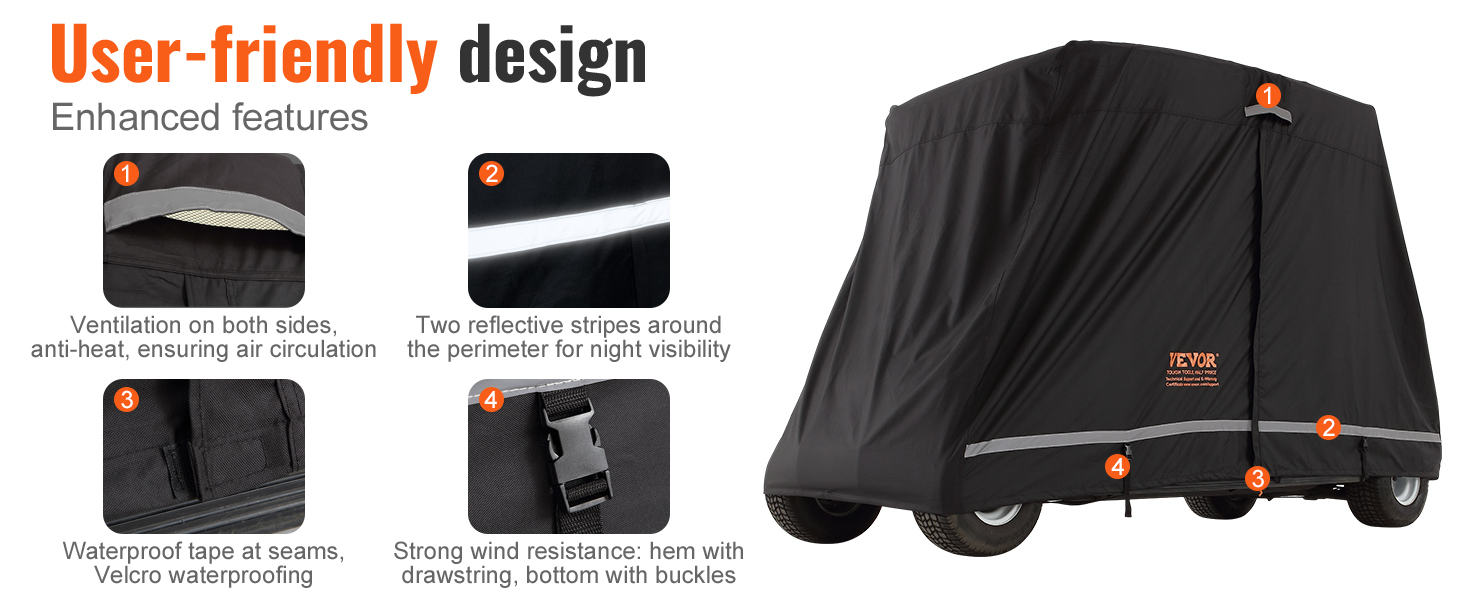 VEVOR golf cart cover with ventilation, reflective stripes, waterproof seams, and strong wind resistance.