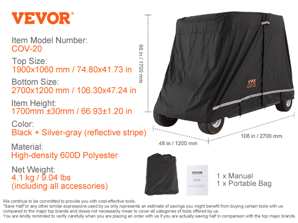 VEVOR golf cart cover with dimensions, material, and weight details, showing cover, bag, and manual.