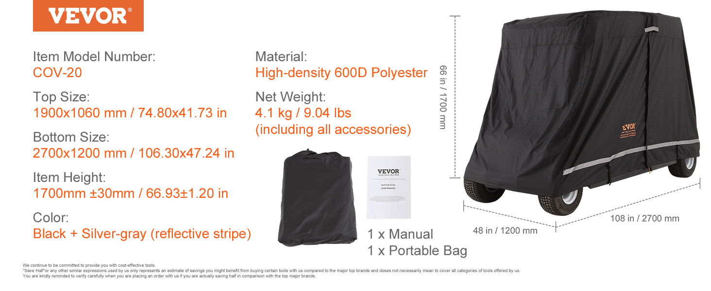 VEVOR golf cart cover with dimensions, material, and weight details, showing cover, bag, and manual.