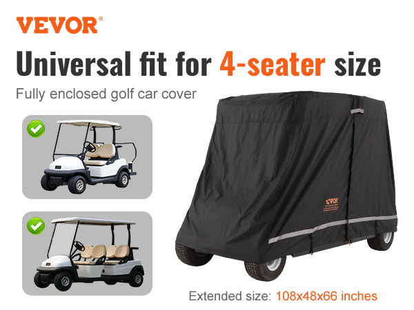 VEVOR golf cart cover, universal fit for 4-seater golf carts, fully enclosed, size 108x48x66 inches.