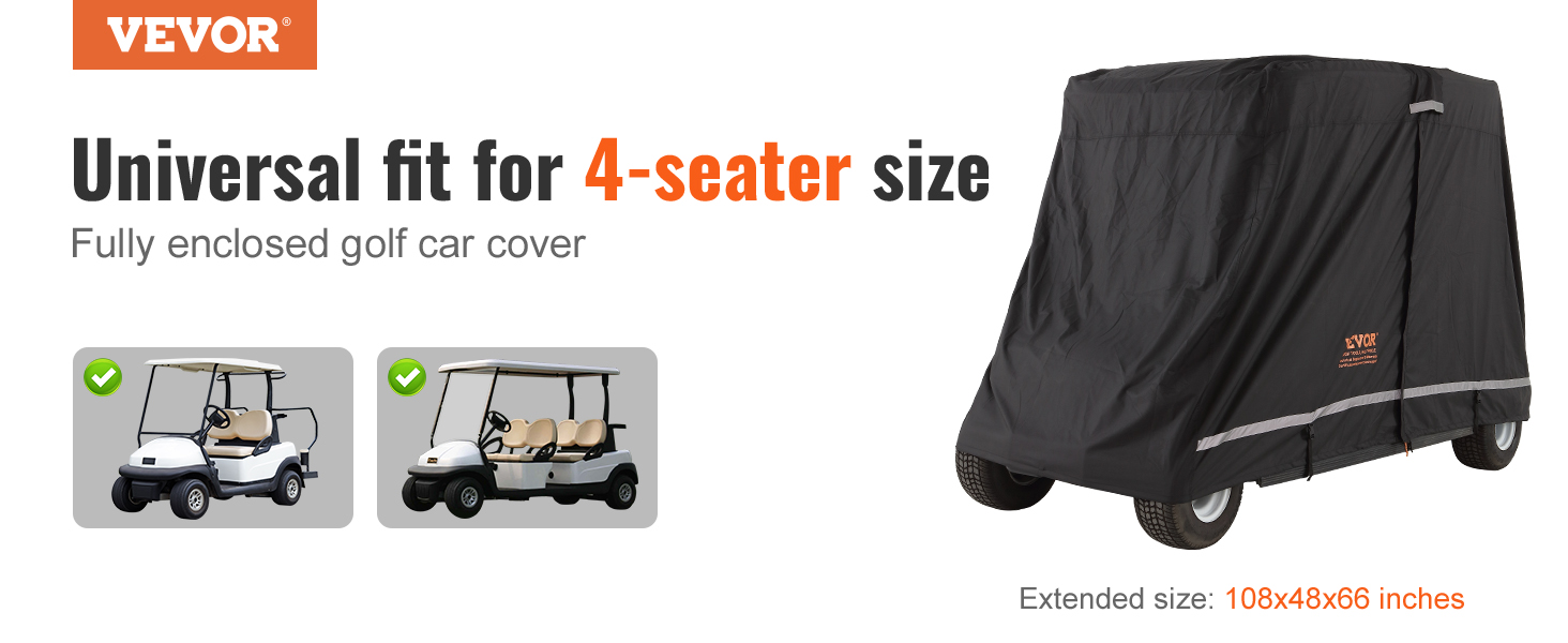 VEVOR golf cart cover, universal fit for 4-seater golf carts, fully enclosed, size 108x48x66 inches.
