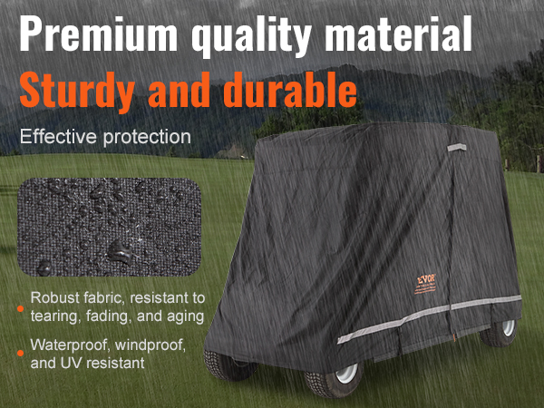 VEVOR golf cart cover in rain, showcasing durability with premium, waterproof fabric for effective protection.