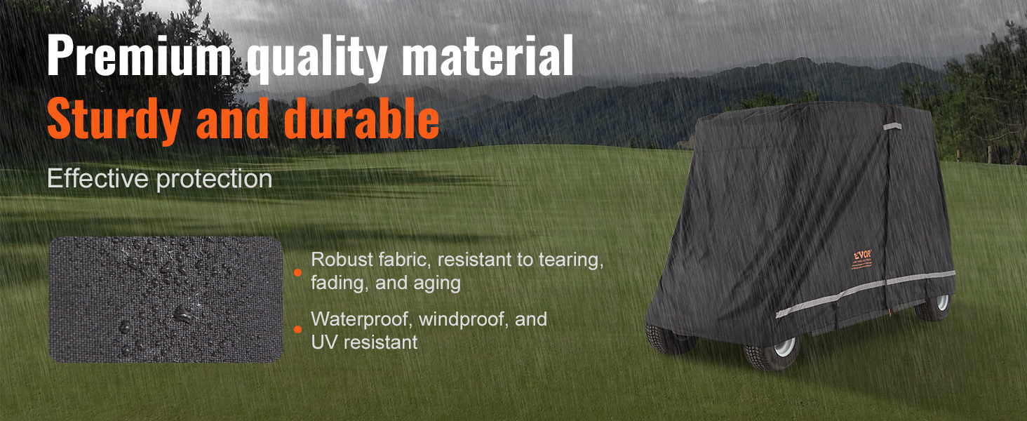 VEVOR golf cart cover in rain, showcasing durability with premium, waterproof fabric for effective protection.