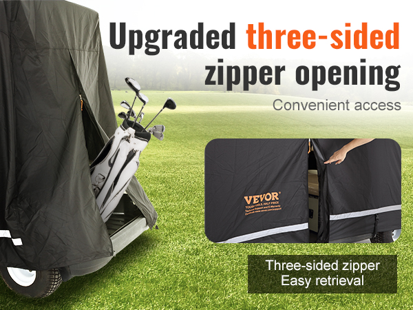 VEVOR golf cart cover with three-sided zipper opening for easy access and retrieval on a golf course.
