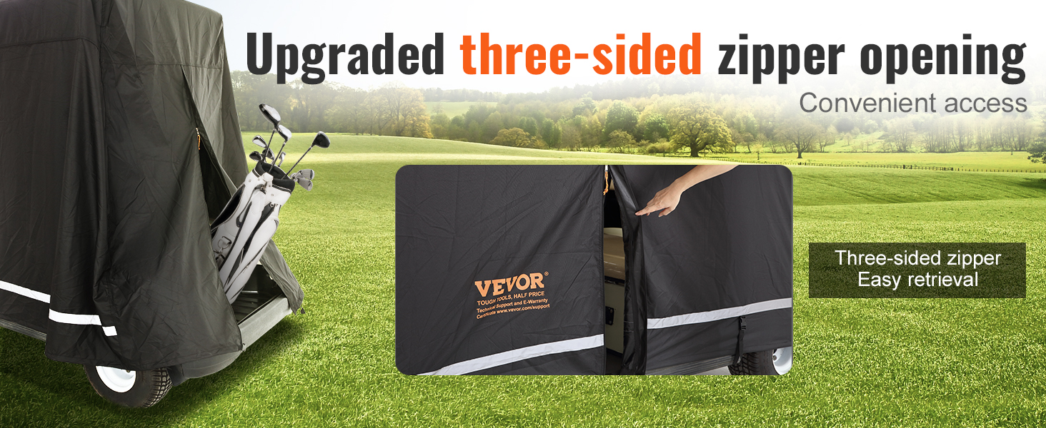 VEVOR golf cart cover with three-sided zipper opening for easy access and retrieval on a golf course.