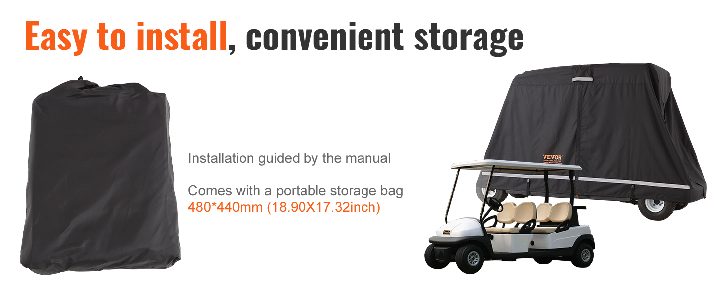 VEVOR golf cart cover with portable storage bag, easy to install for convenient storage.