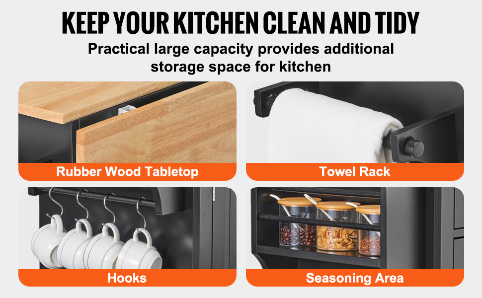 VEVOR kitchen island cart with rubber wood tabletop, towel rack, hooks, and seasoning area.