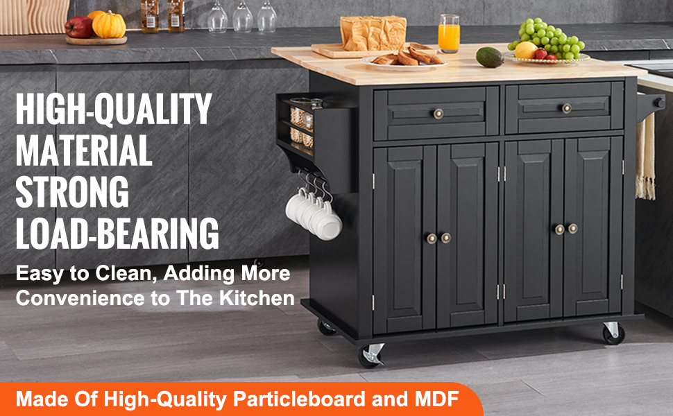 black VEVOR kitchen island cart with drawers, cabinets, and wooden countertop in modern kitchen.