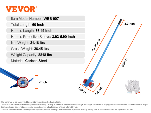 VEVOR pallet buster wbs-007, 60-inch carbon steel handle, 8818 lbs capacity, gloves included.