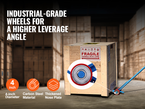 VEVOR pallet buster lifting a wooden crate labeled "fragile" with 4-inch diameter industrial wheels.