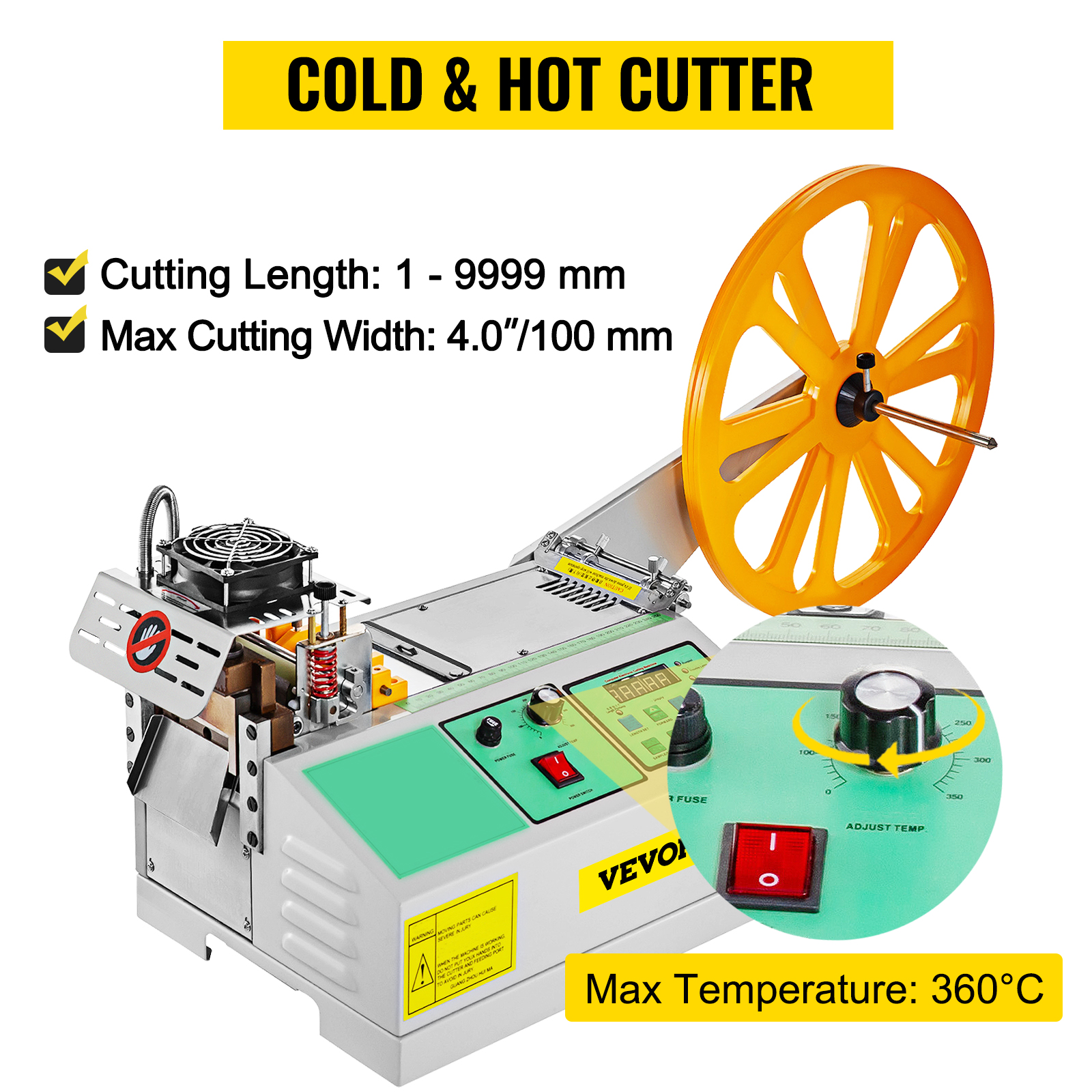 VEVOR lentes griešanas mašīna ar dzeltenu ruļli un vadības paneli, maksimālā temperatūra 360°c.