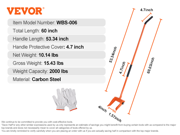 VEVOR demolition tool details: 60-inch length, 2000 lbs load capacity, 10.14 lbs weight, carbon steel.