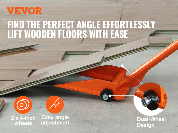VEVOR demolition tool lifting wooden floor panels with ease using dual-wheel design and easy angle adjustment.