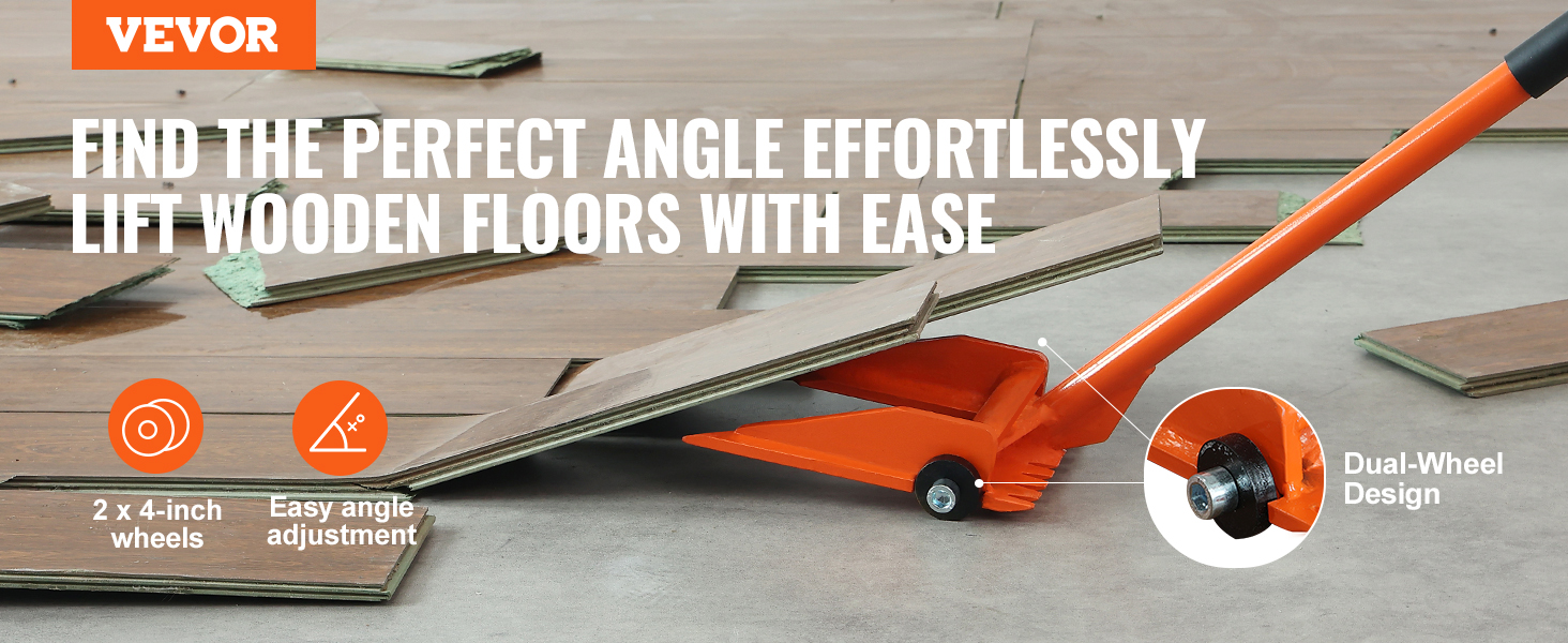 VEVOR demolition tool lifting wooden floor panels with ease using dual-wheel design and easy angle adjustment.