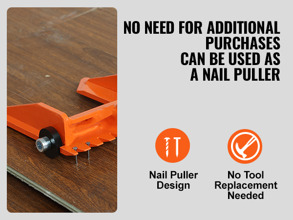 orange VEVOR demolition tool on wood surface, dual blades, nail puller feature, text promotes versatility.