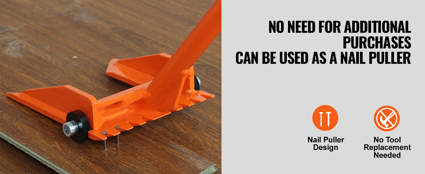 orange VEVOR demolition tool on wood surface, dual blades, nail puller feature, text promotes versatility.
