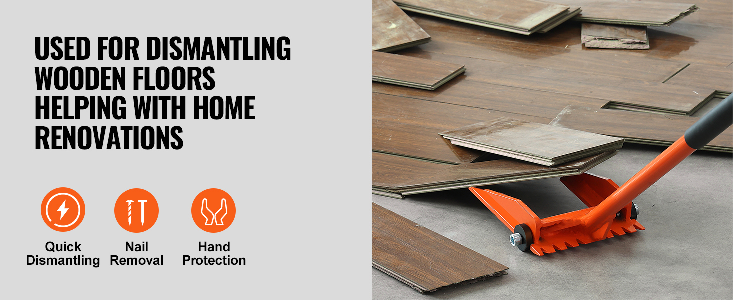 VEVOR demolition tool dismantling wooden floors for home renovations with quick dismantling features.