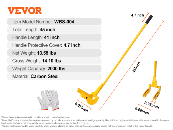 VEVOR pallet buster with 45-inch carbon steel handle and 2 fork teeth details. includes gloves.