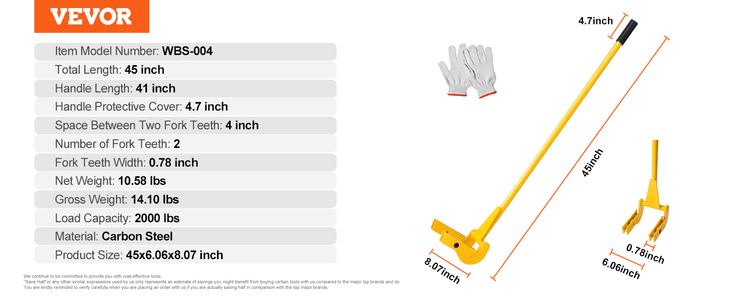 VEVOR pallet buster with 45-inch carbon steel handle and 2 fork teeth details. includes gloves.
