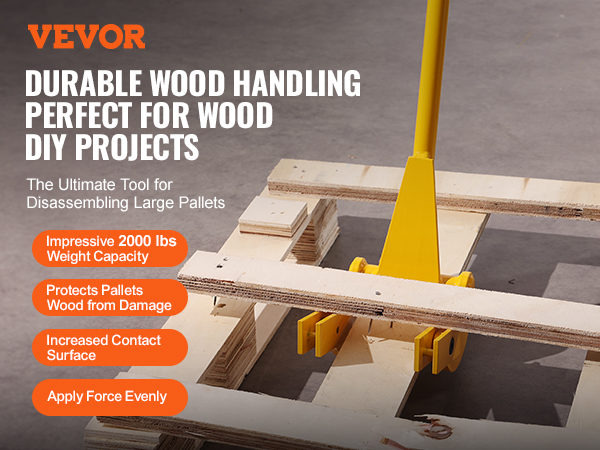 VEVOR pallet buster on wooden pallets, highlighting durability and diy project capabilities.