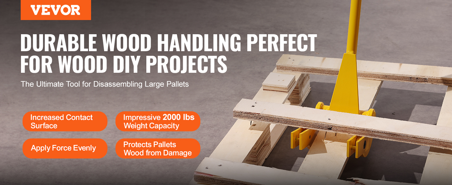 VEVOR pallet buster on wooden pallets, highlighting durability and diy project capabilities.