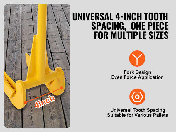 yellow VEVOR pallet buster with 4-inch tooth spacing on wooden floor, designed for various pallets.