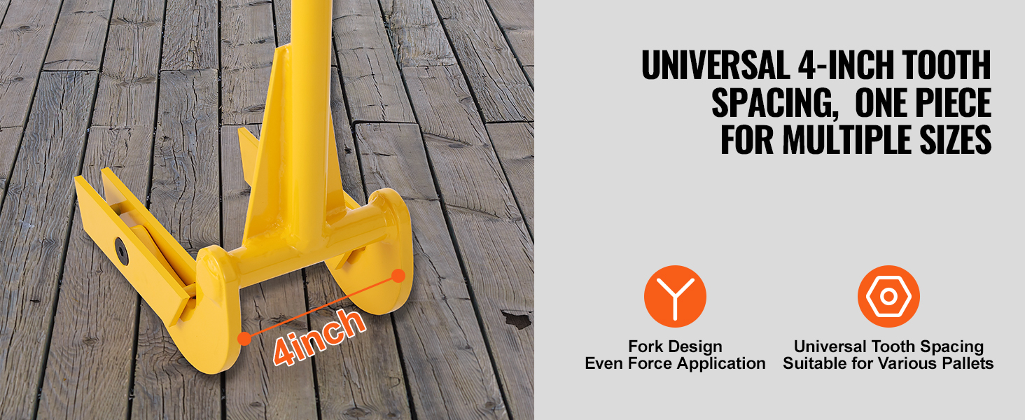 yellow VEVOR pallet buster with 4-inch tooth spacing on wooden floor, designed for various pallets.