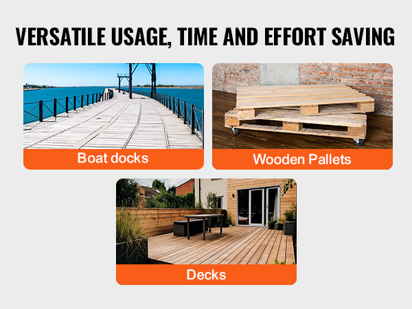 boat docks, wooden pallets, and decks with text "versatile usage, time and effort saving". VEVOR pallet buster