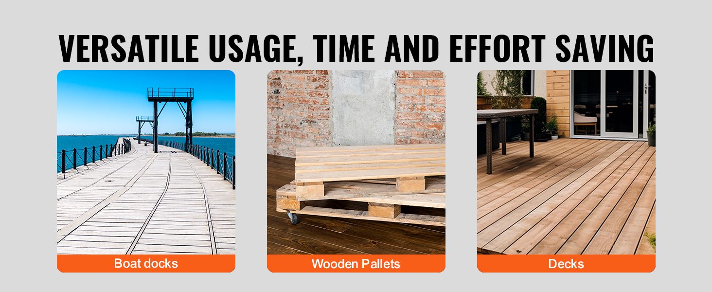 boat docks, wooden pallets, and decks with text "versatile usage, time and effort saving". VEVOR pallet buster