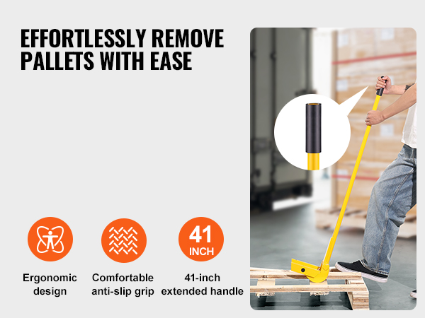 effortlessly lifting a wooden pallet with the ergonomic VEVOR pallet buster, showing its anti-slip grip.