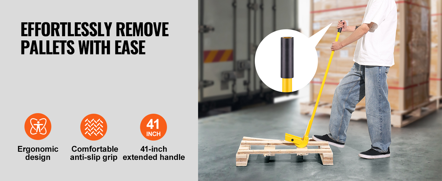 effortlessly lifting a wooden pallet with the ergonomic VEVOR pallet buster, showing its anti-slip grip.