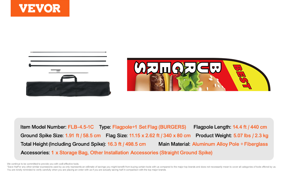 VEVOR burger flag set with poles, ground spike, and storage bag, flag size 11.15x2.62 ft, 16.3 ft height.