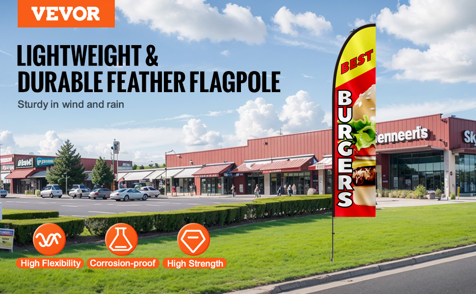 VEVOR burger flag displayed on a feather flagpole outside shops on a clear day.