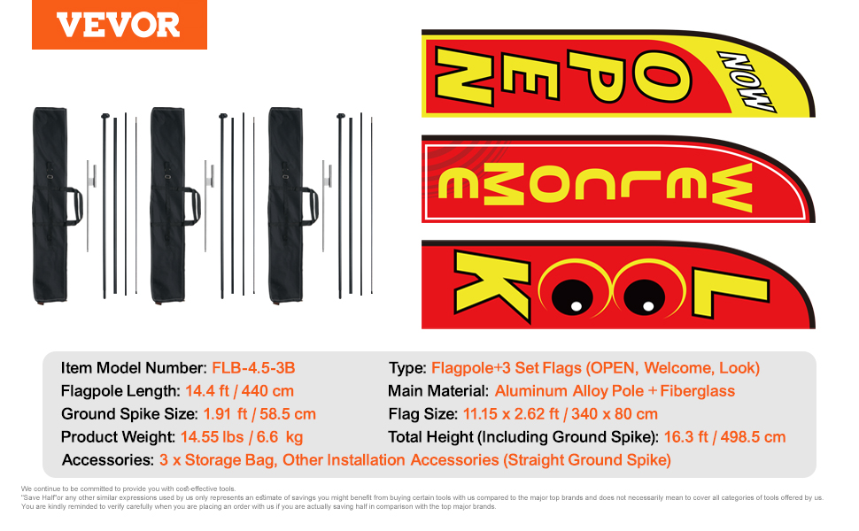 VEVOR open flag kit with 3 flags (open, welcome, look), poles, spikes, and storage bags.