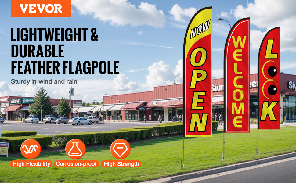 VEVOR open flag kit showcasing lightweight, durable feather flagpoles with "open," "welcome," and "look" flags.