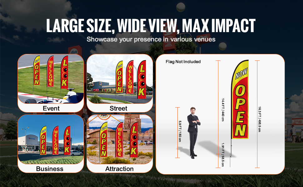 VEVOR open flag kit for events, streets, businesses, and attractions, showcasing large yellow and red flags.