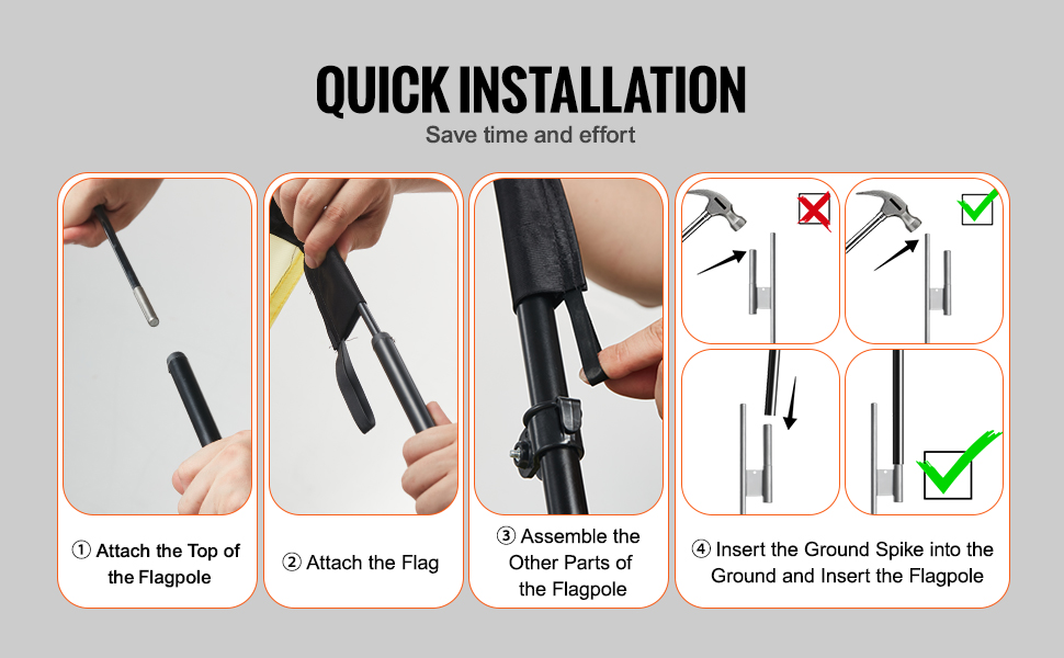 quick installation steps for VEVOR open flag kit, including flagpole assembly and ground spike insertion.