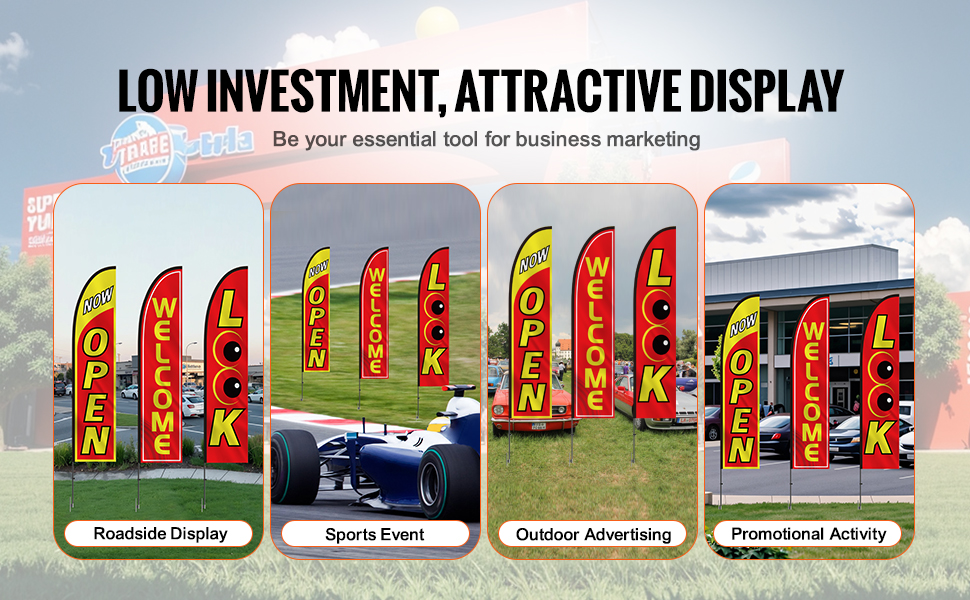 VEVOR open flag kit demonstrating roadside display, sports event, outdoor advertising, and promotional activity.