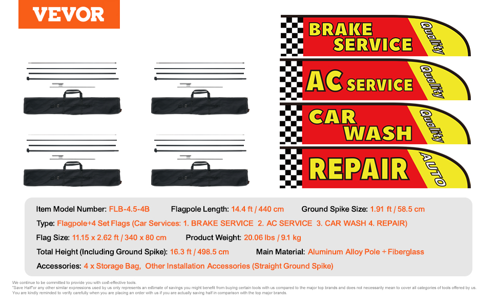 VEVOR flagpole and flags set for auto services: brake service, ac service, car wash, and repair.
