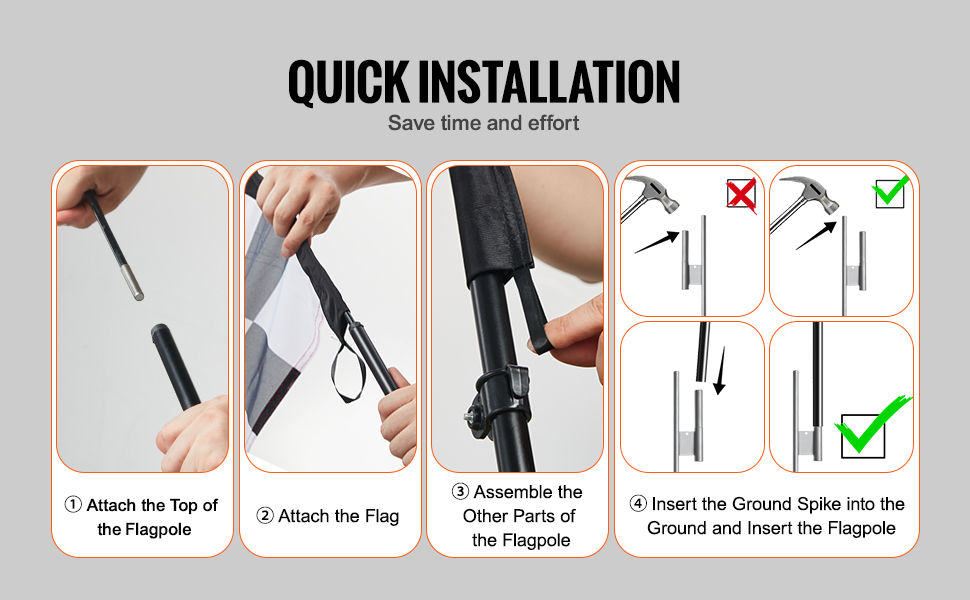 quick installation guide showing steps to assemble and install the VEVOR auto repair flag.