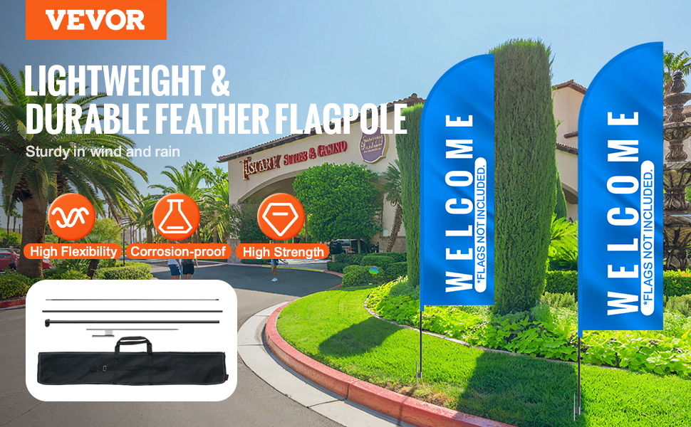 VEVOR feather flag pole kit with welcome flags, high flexibility, corrosion-proof, high strength.