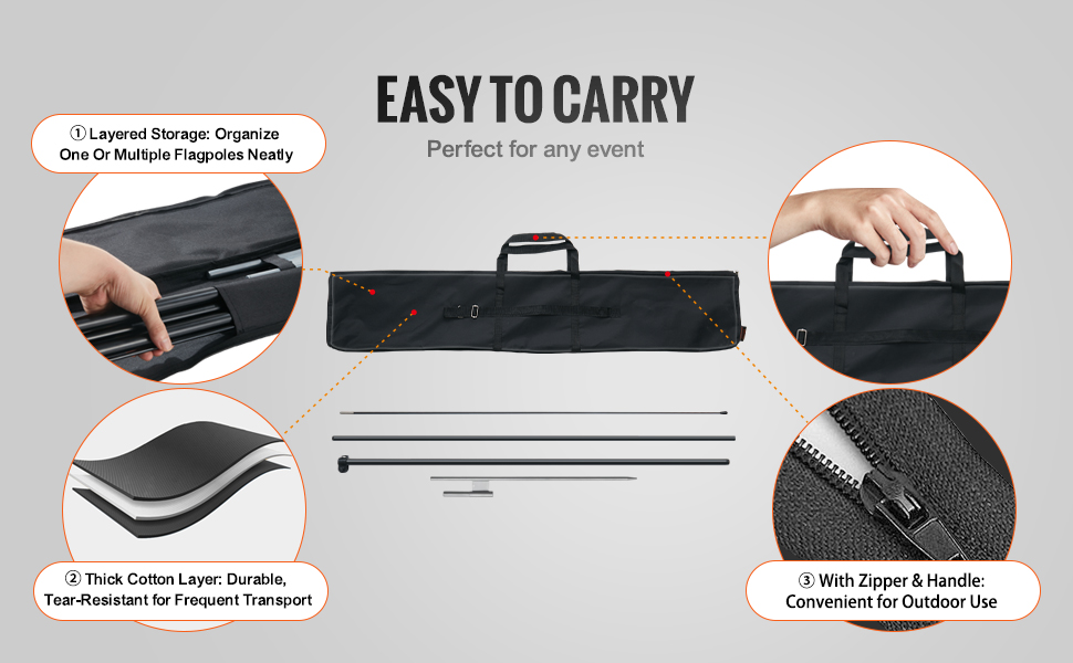 VEVOR feather flag pole kit with layered storage, thick cotton layer, zipper, and handle for easy transport.
