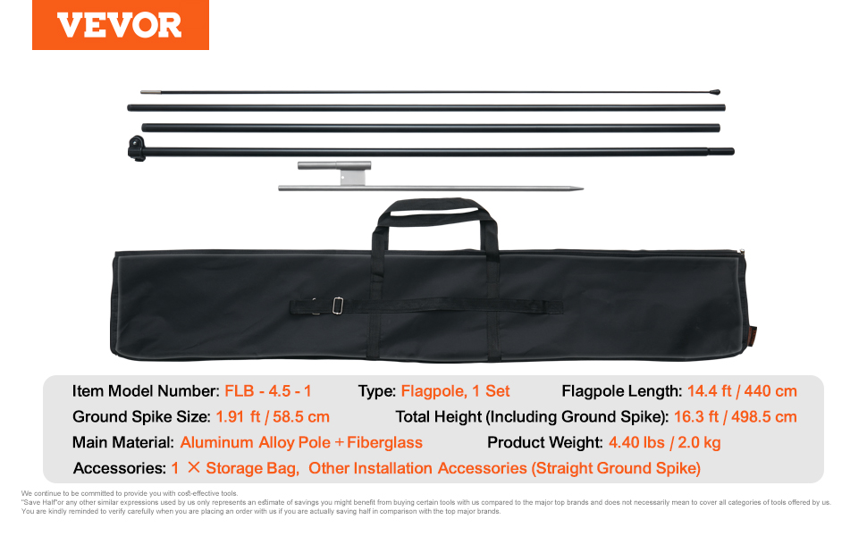 VEVOR feather flag pole kit components include aluminum alloy poles, storage bag, and ground spike.