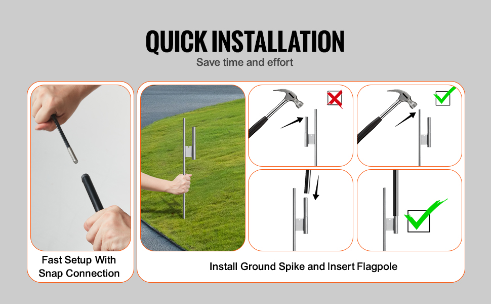 VEVOR feather flag pole kit: quick installation with snap connection and easy hammer instructions.