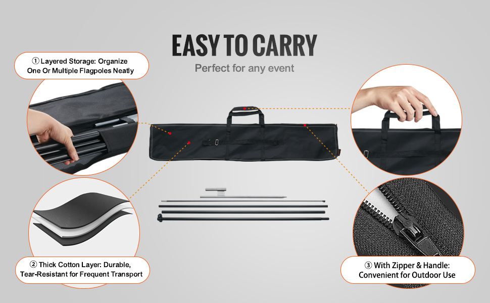VEVOR feather flag pole kit: lightweight, easy-to-carry black bag with zipper and handle, layered storage.