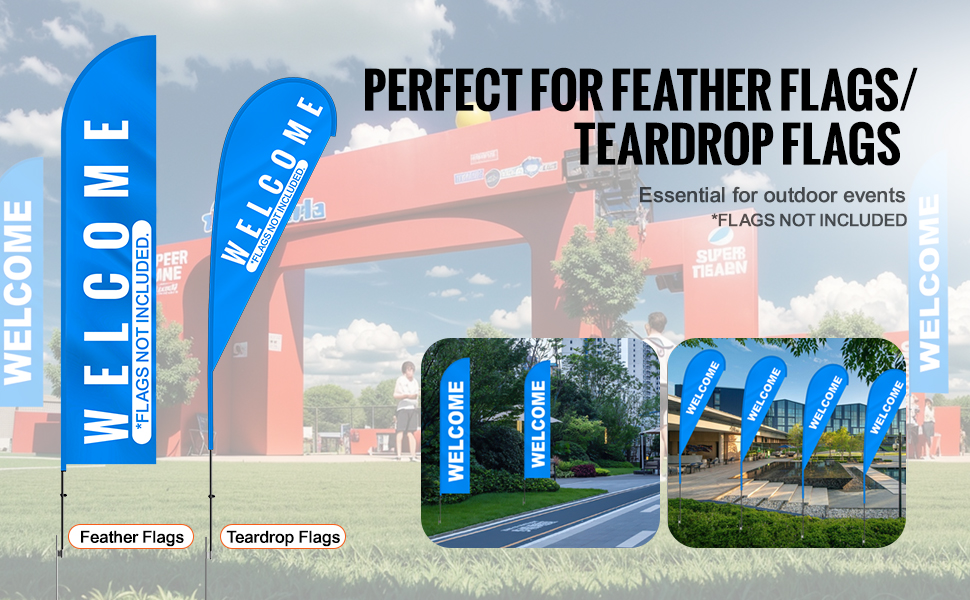 VEVOR feather flag pole kit for displaying welcome feather and teardrop flags at outdoor events.