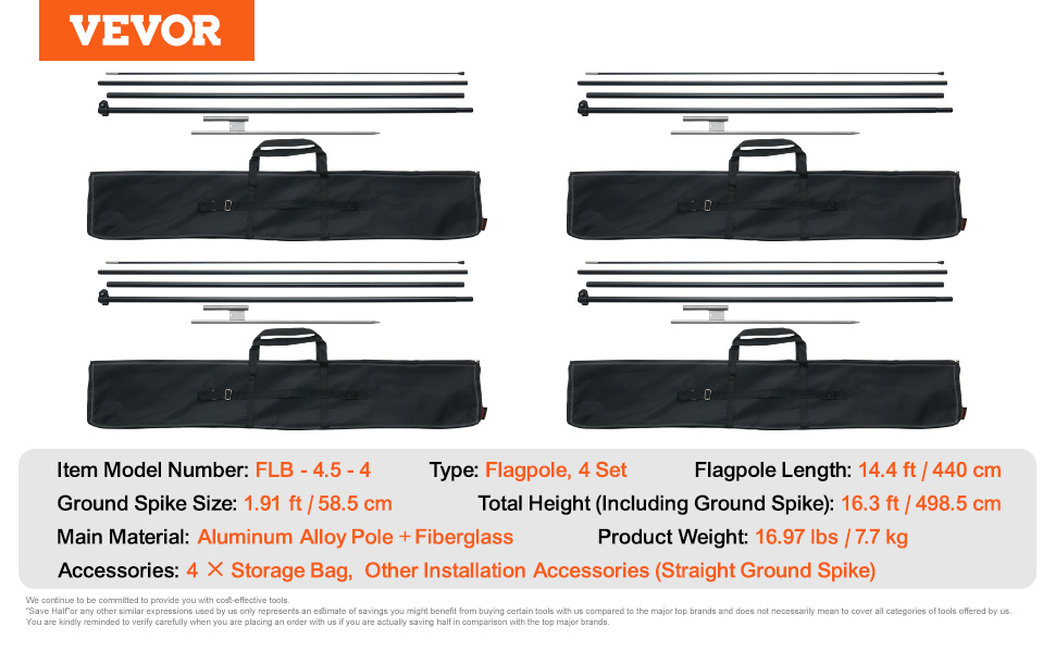 VEVOR feather flag pole kit in black, 14.4 ft flagpoles, aluminum alloy poles, four sets, storage bags included.