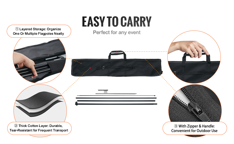 VEVOR feather flag pole kit with zippered storage bag, thick cotton layer, and convenient handle for events.