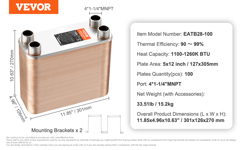 VEVOR plate heat exchanger dimensions and specifications: 1100-1260k btu, 5x12 inch, 90-99% efficiency.