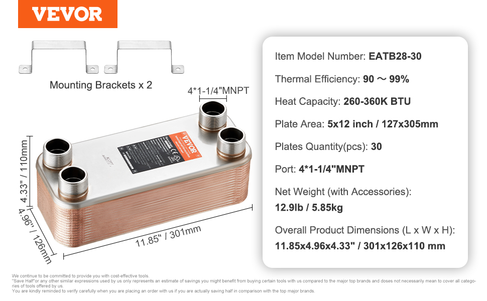 VEVOR heat exchanger with mounting brackets, 30 plates, 4 ports, high thermal efficiency, and compact design.